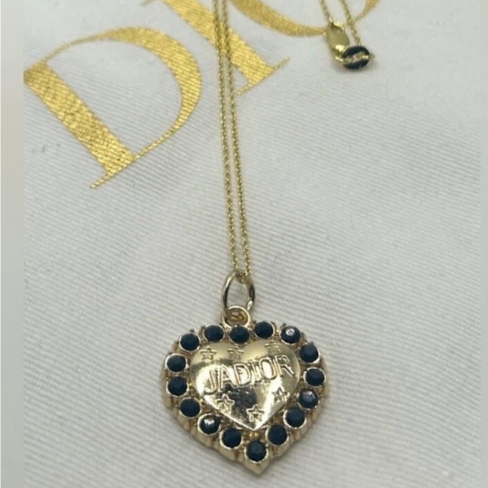 DIOR “J'Adior” Charm Pendant Stamped Gold Heart w/ Black Stones
